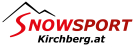 Schneesport-Logo in roter Schrift auf schwarzem Hintergrund für Wintersportausrüstung.