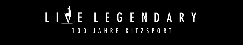 Live Legendary 100 Years Kitzsport Logo; Ski Jumping Graphic for Winter Sports Brand in Kitzbühel, Austria.