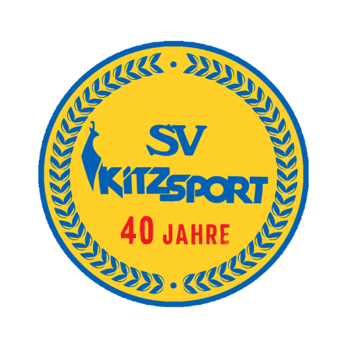 SV Kitzsport Logo: blauer Pfau, gelber Kreis mit Lorbeerkranz, Text "40 Jahre". Sportvereinsemblem.