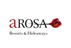 A-ROSA Resorts & Hideaways Logo mit stilisierter roter Rose, die luxuriöse Reiseziele repräsentiert.