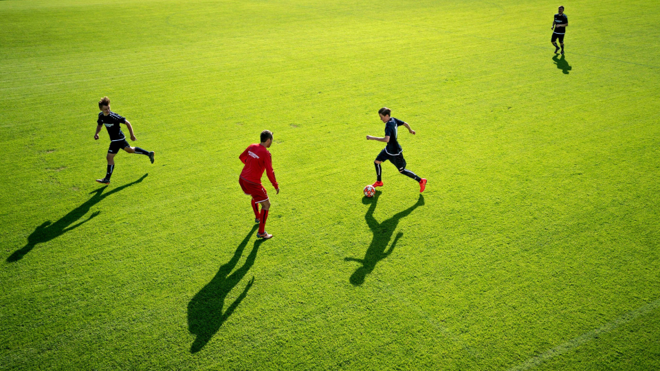 Fußballspieler üben an einem sonnigen Tag Übungen auf einem leuchtend grünen Sportplatz.