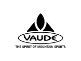 VAUDE Logo: Schwarzes Emblem mit Berggipfel über ovalem Text, "VAUDE THE SPIRIT OF MOUNTAIN SPORTS".