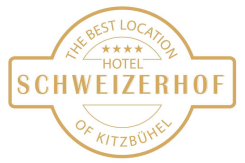 Hotel Schweizerhof Kitzbühel Logo: Die beste Lage, vier Sterne, goldenes Emblem für luxuriöses Reisen.