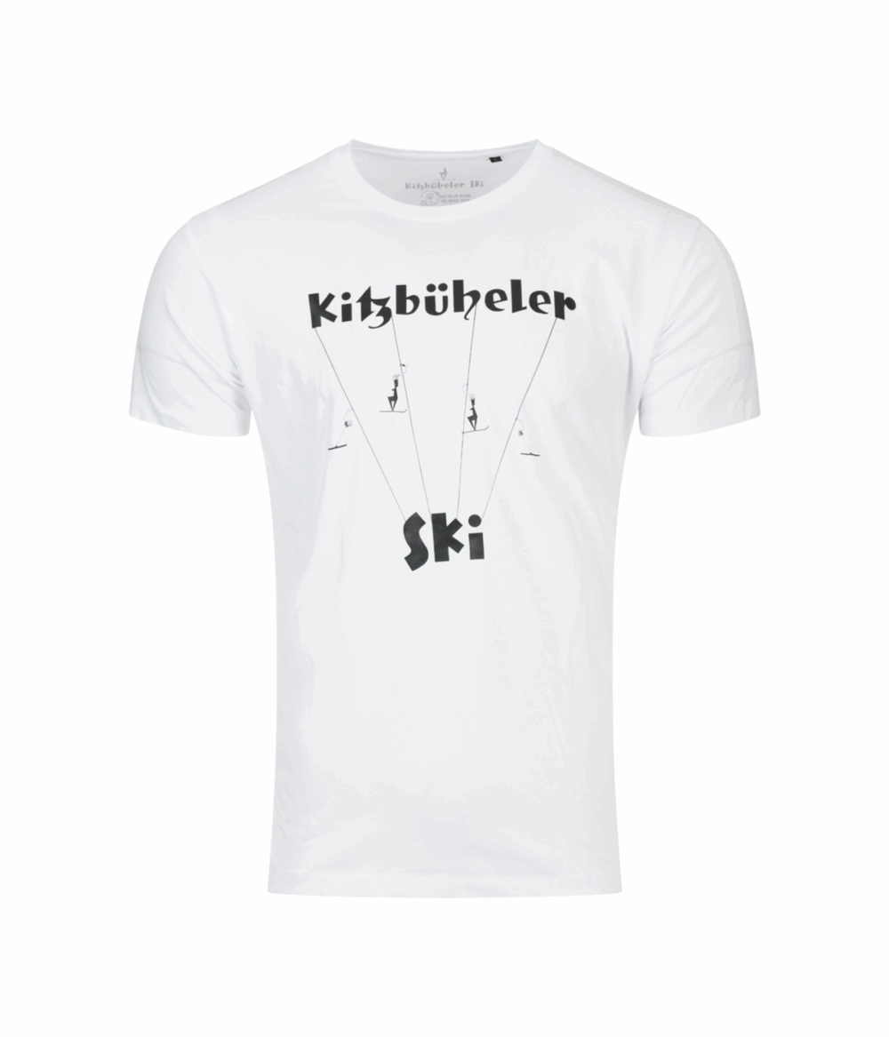 Kitzbüheler Ski T-Shirt für Herren in weiß mit Schlepplift Design in schwarz